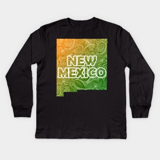 Colorful mandala art map of New Mexico with text in green and orange Kids Long Sleeve T-Shirt